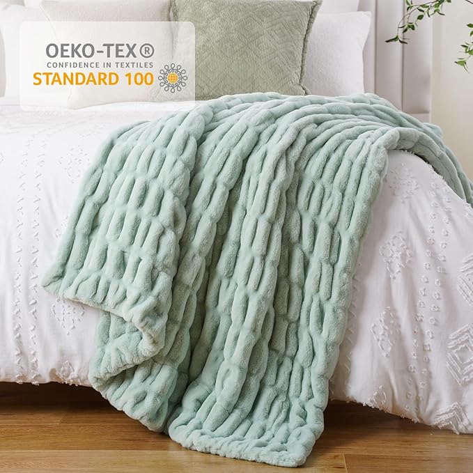 BATTILO HOME Luxury Faux Fur Throw Blanket for Couch, Super Soft Warm Cozy Plush Mink Blanket, Double Side Ruched Rabbit Fur Blanket for Bed, Sofa, Chair, 50"x60", Sage Green