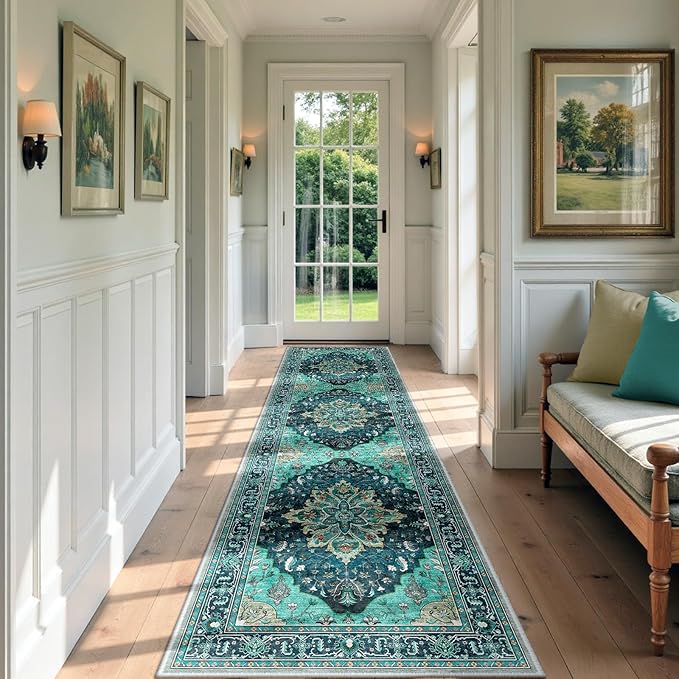 Area Rugs 2'x7' Washable Non-Slip, Floral Vintage Distress Print Pattern Medallion Carpet for Living Room Bedroom Dining Room, Teal Green Lake Blue Turquoise