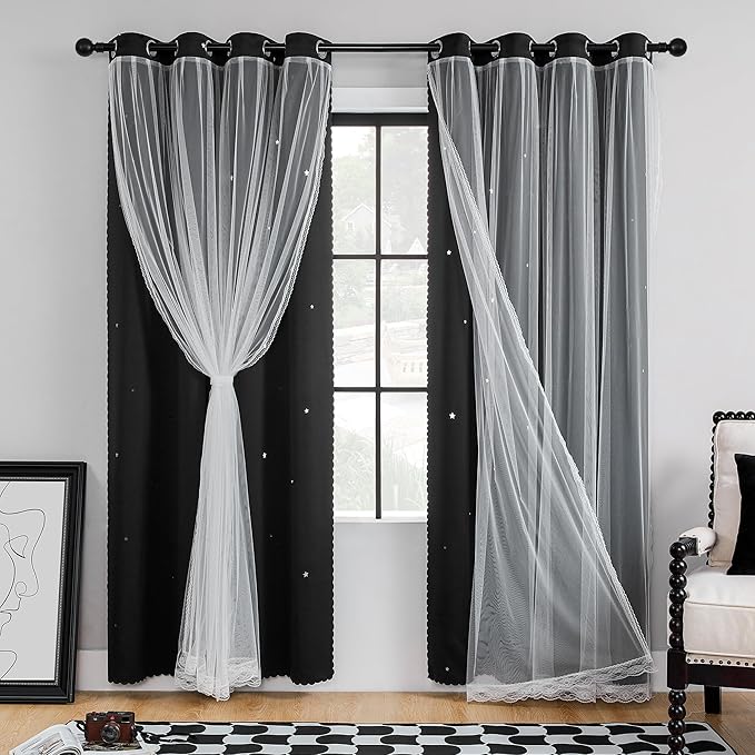 XiDi Black 63x34in Curtain for Bedroom, Girls Room Decor, Living Room, 1 Panel, Blackout Curtains with Laser Cutout Stars, Grommet Top, Washable