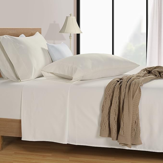 LANE LINEN 100% Cotton Full Size Sheets Set 600 Thread Count, Luxury Hotel Style Sateen Weave for Silky Soft Finish, Machine wash Bedding Sheets & Pillowcase Set, Deep Pocket Full Sheets - Ivory