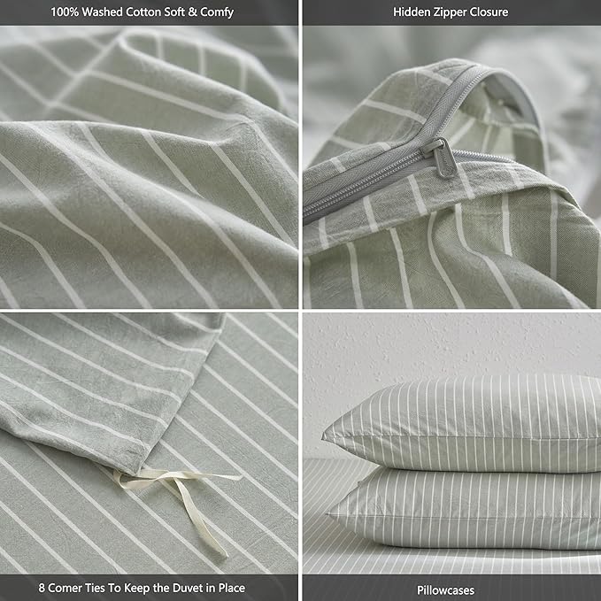 MooMee Striped Duvet Cover Set 100% Washed Cotton Linen Like Textured Breathable Durable Soft Comfy (Sage Green White Wide Stripes, Super King Plus 120"x120")