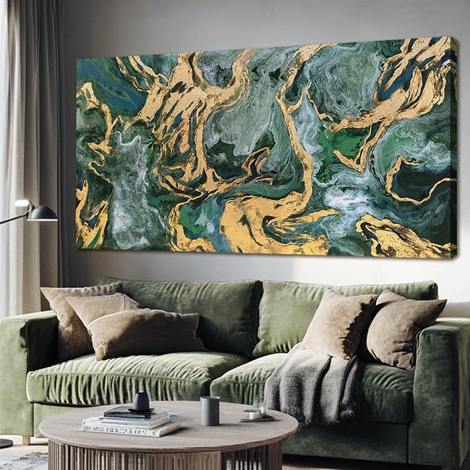 YETHEN WAL Green and Gold Abstract Canvas Wall Art 24×48 inch Horizontal, Emerald Marble Fluid Art, Gallery Wrapped, Ready to Hang, Modern Luxury Decor for Living Room Bedroom Entryway