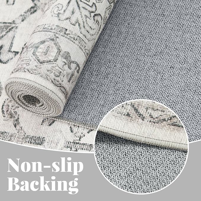 jinchan Lima Round Rug 7ft Vintage Machine Washable Area Rug Indoor Circle 7' Ultra-Thin Non-Slip Floral Print Carpet for Farmhouse Entryway Dining Room Living Room Bedroom Office (7'Round, Grey)