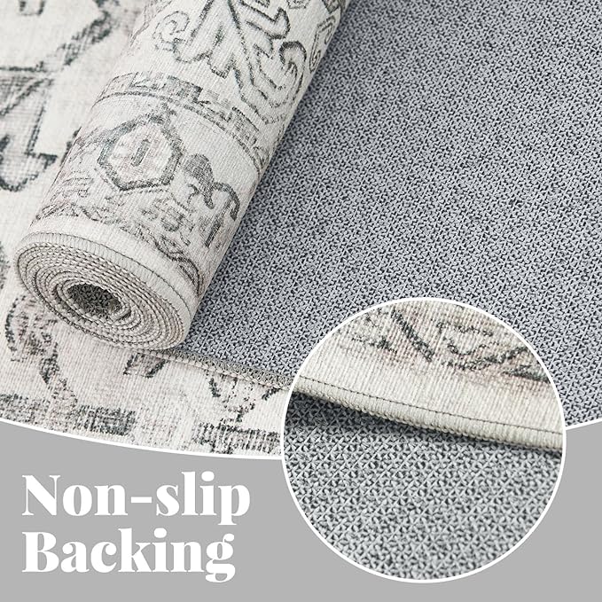 jinchan Lima Round Rug 6ft Vintage Machine Washable Area Rug Indoor Circle 6' Ultra-Thin Non-Slip Floral Print Carpet for Farmhouse Entryway Dining Room Living Room Bedroom Office (6'Round, Grey)