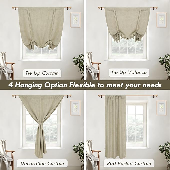 DriftAway Double Layer Linen Blackout Tie Up Curtains Thermal Insulated Fully Lined Balloon Roman Shade Bathroom Window Adjustable Rod Pocket for Small Window 39 Inch by 55 Inch Light Khaki Linen