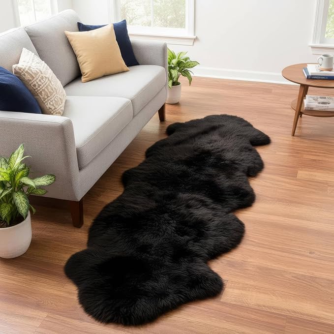 Authentic Black Sheepskin Rug 2x6 ft, Genuine Double Pelt Fluffy Fur Area Rug for Bedroom, Living Room & Home Decor, Soft Natural Sheep Skin Throw
