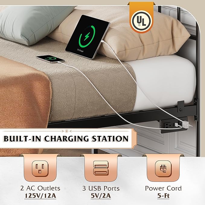 WLIVE Metal Platform Bed Frame, King Size Bed Frame with Headboard, Bed Frames with LED Lights and Charging Station, 1500LBS Mattress Foundation, Under Bed Storage, No Box Spring Needed, Black