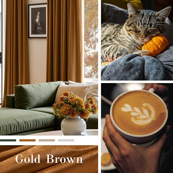 Lazzzy Velvet Blackout Curtains Thermal Insulated Room Window Drapes Super Soft Luxury Curtains for Living Room Bedroom Rod Pocket 2 Panels, Gold Brown, 42" W x 84" L