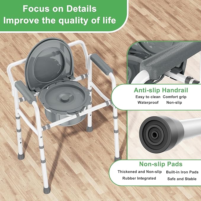 ZOLIQUEX 3 in 1 Bedside Commodes Chair for Seniors with Arms, Portable Width 21.5'' Steel Potty Chair for Elderly Adults with 5 Adjustable Height, Supports Up To 350lb, 6QT Bucket, Tool-Free Assembly