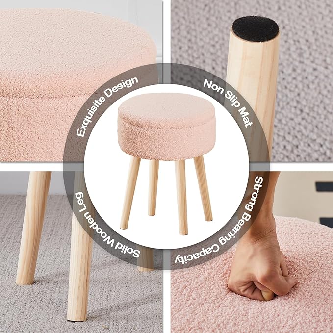 Mxfurhawa Storage Ottoman Foot Stool Teddy Velvet Round Vanity Stool Tray Top Footstool with Wood Legs Upholstered Foot Rest Ottoman for Living Room, Bathroom, Makeup (Pink)