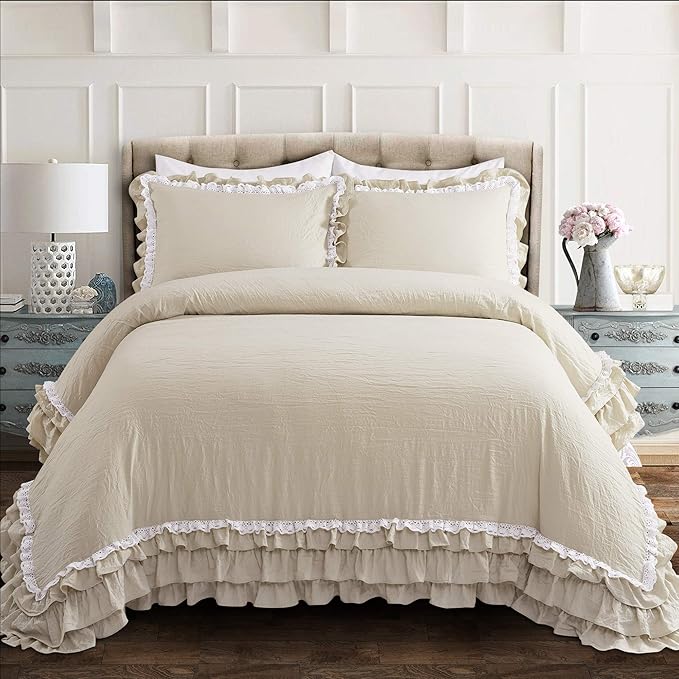 Lush Decor Ella Ruffle Lace Comforter, 3 Piece Set, King, Neutral - Cute Comforter - King Bedding Set - Beige Bedding - Coquette Decor - Beige Lace Trim - Ruffle Trim