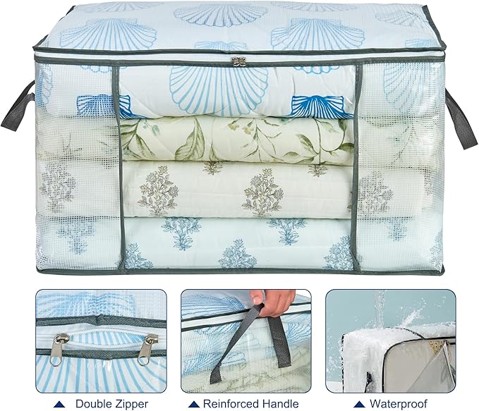 80L Clear Large Storage Bag, Clothes Storage Containers for Organizing Closet, Bedroom, Underbed, Comforters, Clothing, Blankets, Pillow, Foldable Organizer with Sturdy Handle and Zippers (6)