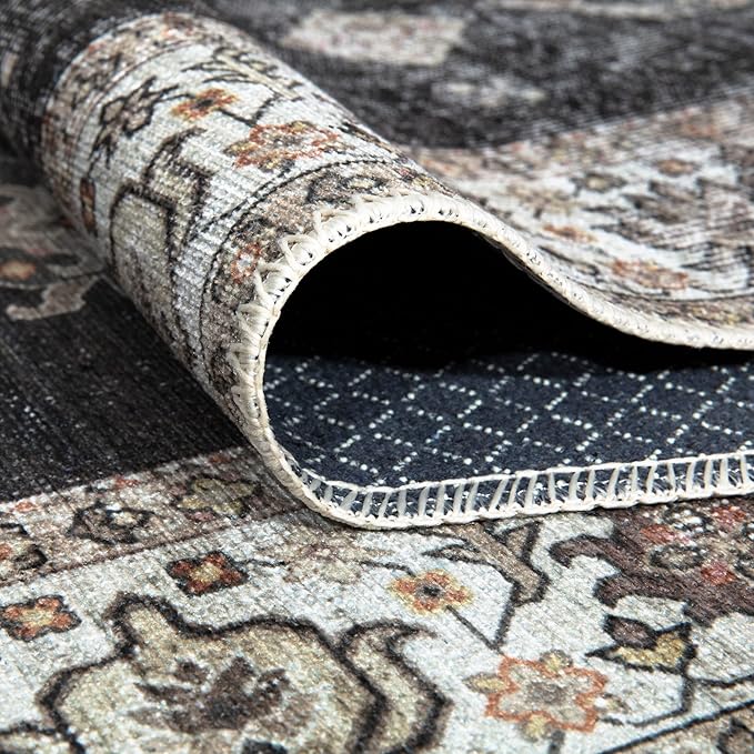 Bloom Rugs Washable Non-Slip 6' x 9' Rug - Black/Ivory Traditional Area Rug for Living Room, Bedroom, Dining Room, and Kitchen - Exact Size: 6' x 9'