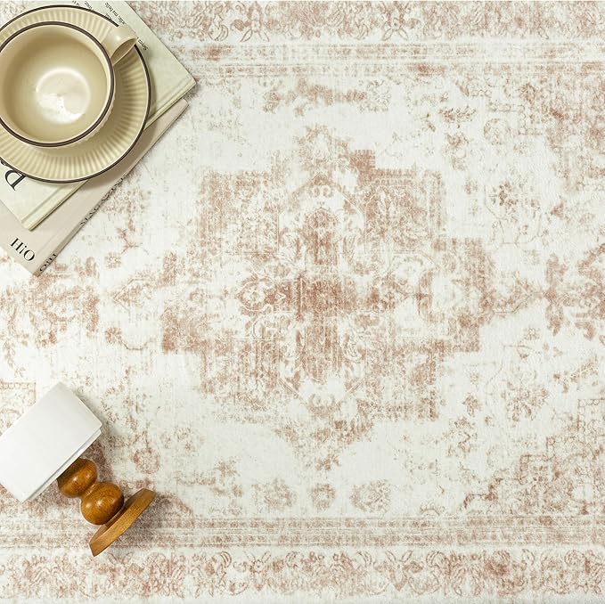 Runner Rug 2x7 Cream Hallway Washable Beige Carpet Non Slip Vintage Medallion Beige Carpet Low Pile Soft Distressed Retro Indoor Long Rug for Entryway Kitchen Bathroom Laundry Bedroom