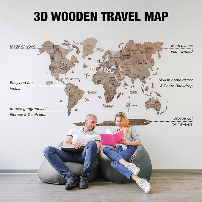 Handmade 3D Wood World Map Wall Art Large Wall Decor Track Your World Travels - Special for Home, Kitchen and Office (Medium, Terra)