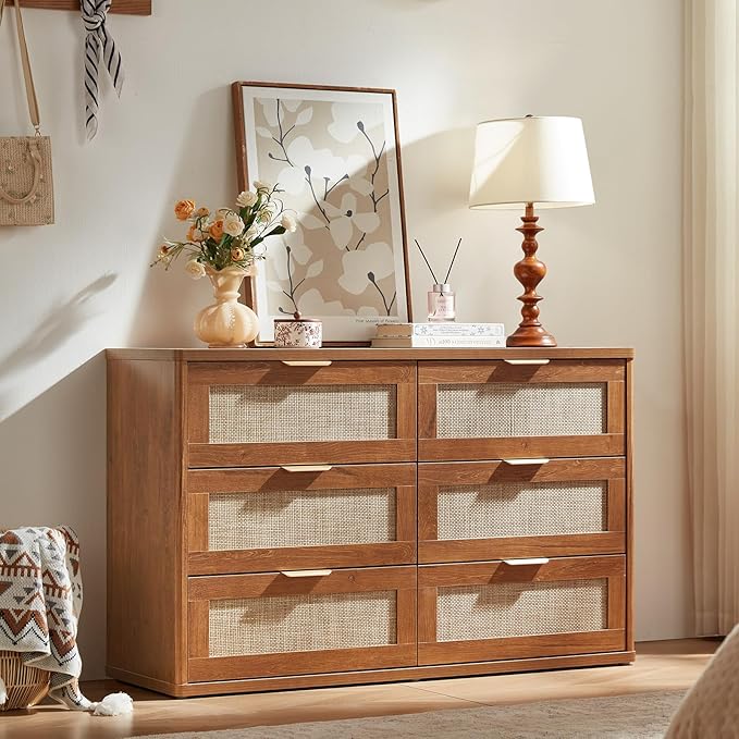 LEYAOYAO Rattan Dresser and Nightstand Sets 3 Piece, Boho Wood Dresser for Bedroom with 6 Drawers and Night Stand with 3 Drawer, Bedroom Furniture, Dressers & Chests of Drawers, Living Room, Hallway