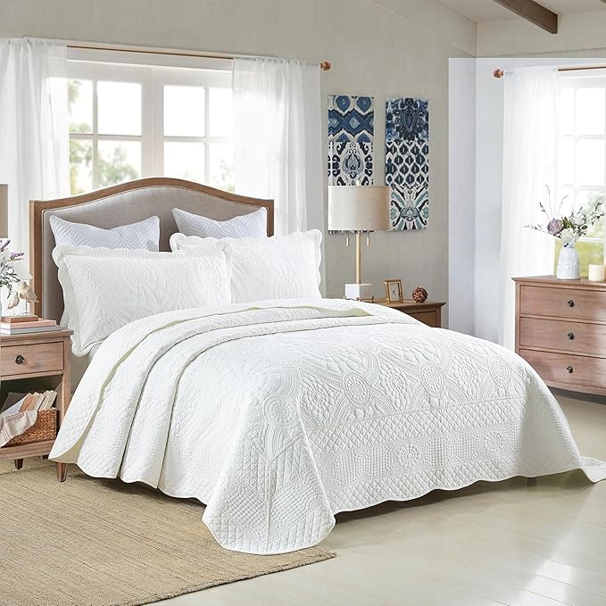 MarCielo 100% Cotton Quilt Set - 3-Piece Embroidered Farmhouse Bedspread & Shams, All-Season Breathable Bedding (Tf Bright White,Queen)