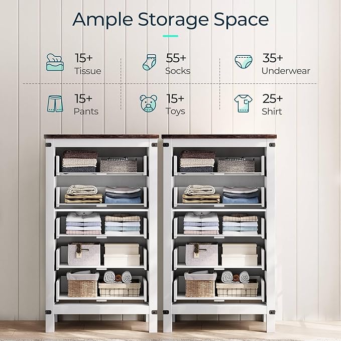 LINSY HOME Farmhouse 5 Drawer Dresser for Bedroom, 46” Tall Rustic Wood Chest with Deep Drawers, Modern Dressers with Spacious Storage and Metal Handles for Closet, Living Room, Hallway, Off White