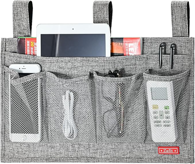 Zafit Linen Bedside Caddy, Bedside Storage Organizer for Hospital Beds, College Dorm Rooms or Baby Bed (6 Pockets-Grey)