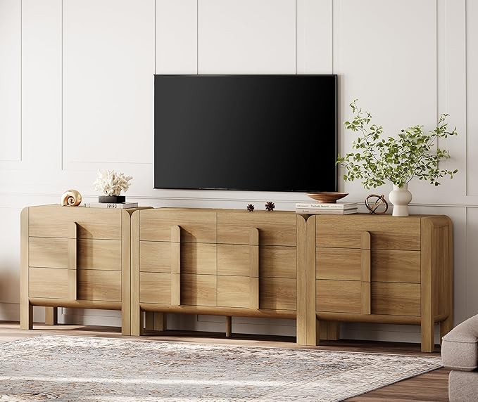 WAMPAT 3 Piece Bedroom Dresser Set, 110.2" Wide 12 Drawers Wood Dresser, Mid-Century Modern Storage Chest with Curved Handles for Bedroom, Living Room (Light Walnut)