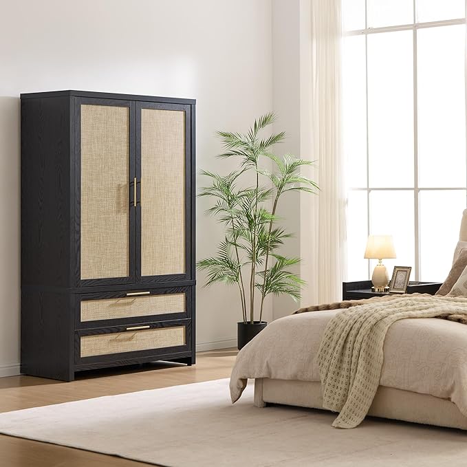 SICOTAS Larger Armoire Wardrobe Closet, 71" Tall Rattan Wardrobe Closet Cabinet with Storage and 2 Drawers, Boho Armoire Clothes Organizer with Hanging Rod for Bedroom, Black Oak (2 PCS)