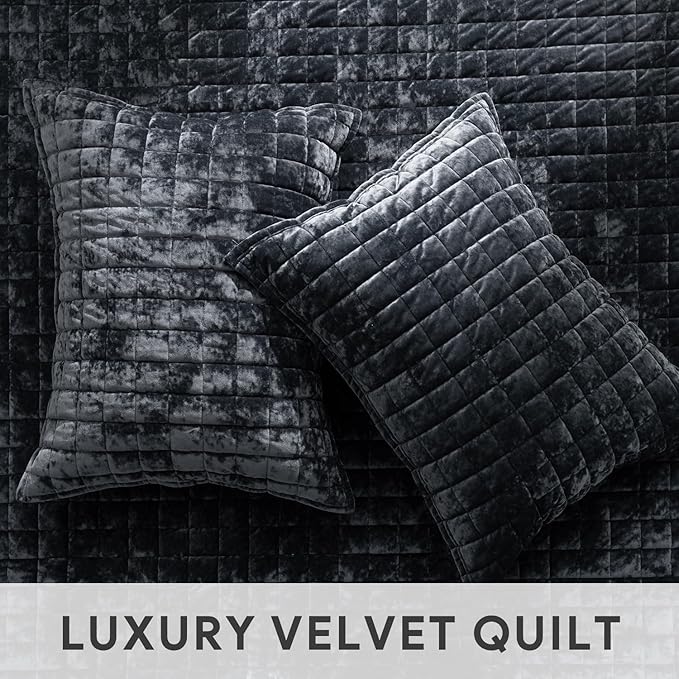 RECYCO Luxury Velvet Quilt Set King Size Bedding Sets, Ultra Soft Velvet Comforter Set, Lightweight Channel Box Stitch Oversized Bedspread Coverlet for All Season, with 2 Shams, Black