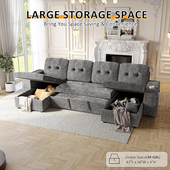 117" Sleeper Sofa Bed, U-Shaped Sofa with Dual Reversible Storage Chaise | Adjustable Backrest | Wide Armrest, Sectional Couches for Living Room, 4 in 1 Pull Out Couch Bed, Grey Chenille