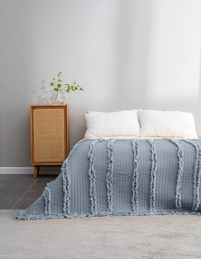 Ultra Soft Pre-Washed Quilted Throw Blanket, Ruffle Fringed Dark Blue Decorative Throw, Stone Washed Chic Rustic Blanket for Sofa Couch Bed Chair, 50"x 60"
