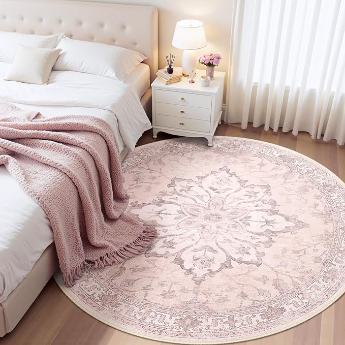 Area Rugs 6ft Washable Non-Slip, Floral Vintage Distress Print Pattern Medallion Carpet for Living Room Bedroom Dining Room, Pink Greypink Cute
