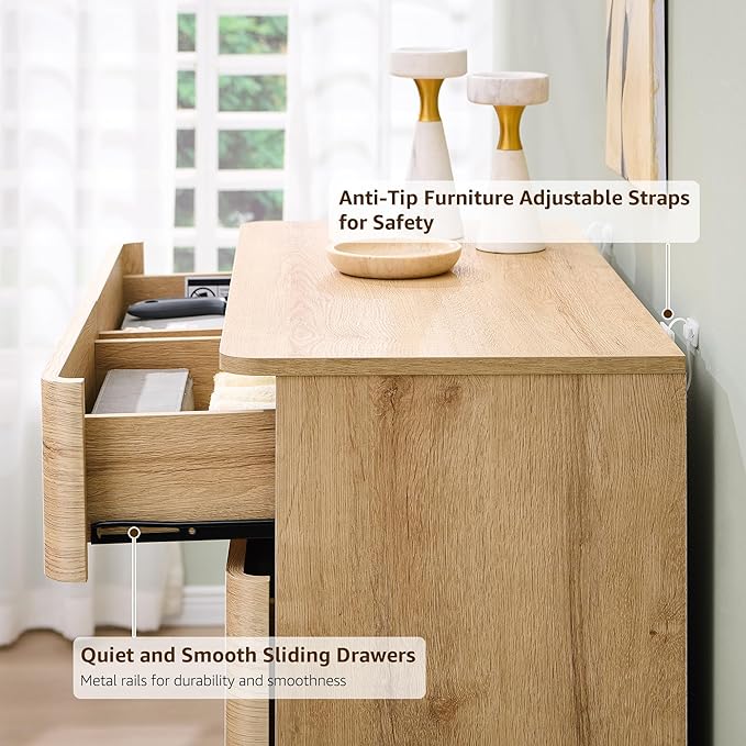 ACCOHOHO 6 Drawer Dresser for Bedroom, 42 Inch Tall Modern Chest of Drawers, Push-to-Open Wood Storgae Organizer with Large Drawers for Bedroom, Living Room, Hallway, Natural Oak