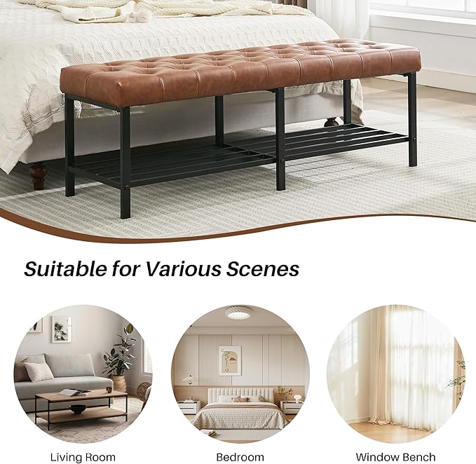 55.5" End of Bed Bench, Modern Leather Button Tufted Bedroom Bench, Upholstered Storage Shoe Bench with Metal Base, Dinning Table Bench for Living Room, Bedroom, Entryway,Brown
