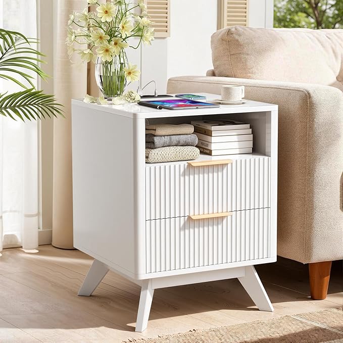 Modern Nightstand,Side Table with Charging Station,Bedside Tables with Drawer,Mid-Century End Tables Set (1-Piece),White