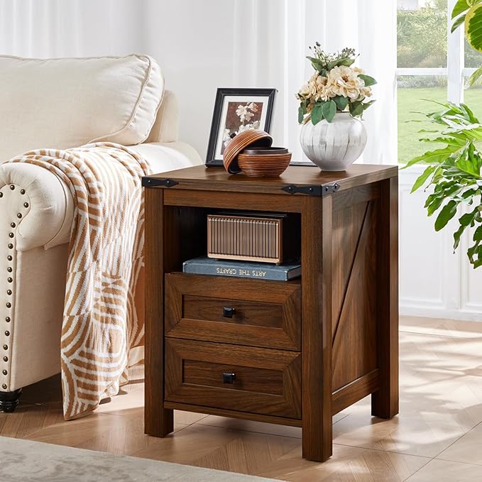 Joaxswe Nightstands Set of 2 with Charging Station, Farmhouse Side End Table with 2 Drawers and Open Shelf, Wood Rustic Sofa Table, Bedside Cabinet for Bedroom, Living Room, Closet, Office(Brown)