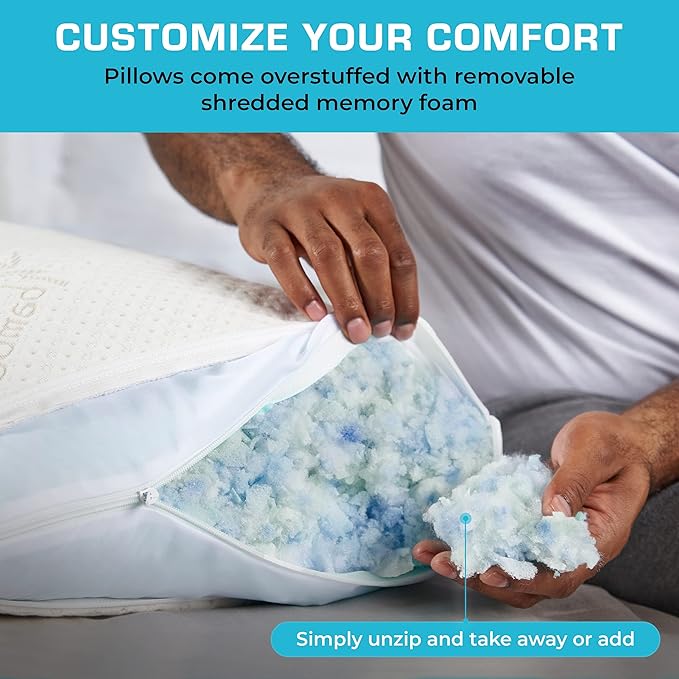 Xtreme Comforts Standard Bed Pillow for Sleeping | Adjustable Shredded Memory Foam Pillows with Removable Cooling Cover | Fluffy Pillows Support for Side, Back & Stomach Sleepers