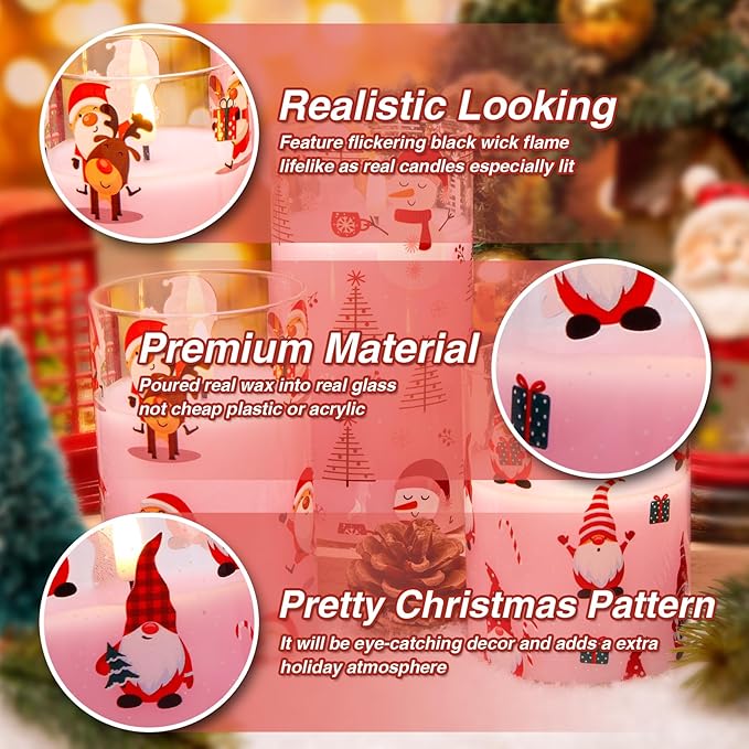 Eywamage Pink Christmas Flameless Pillar Candle with Remote, Flickering Gnomes Santa Glass LED Candles Battery Operated Set of 3