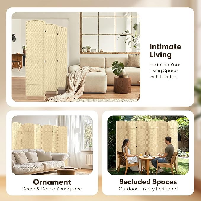 JOSTYLE 6ft. Tall Extra Wide , Folding Privacy Screens with Diamond Double-Weave and Freestanding Room Dividers (Ivory, 6-Panel)