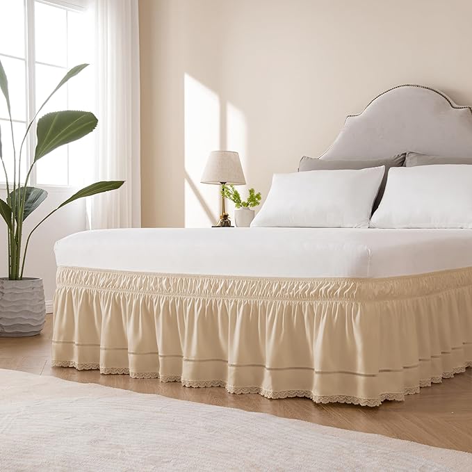 MIYE Wrap Around Ruffled Lace Bed Skirt, Elastic Dust Ruffle with Adjustable Belts, Easy to Put On, Bed Frame Cover, Machine Washable (Floral Lace/Beige, Full/Twin-18 Drop)