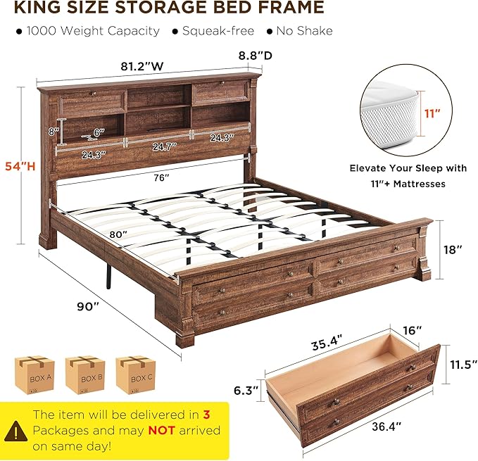 Farmhouse King Size Bed Frame with 54" Tall Headboard, Headboard with 4 Storage Rack, 2 Drawers, Wood Platform Bed Frame,18" Roman Column Decoration Footboard, No Box Spring Needed(Reclaimed Barnwood)