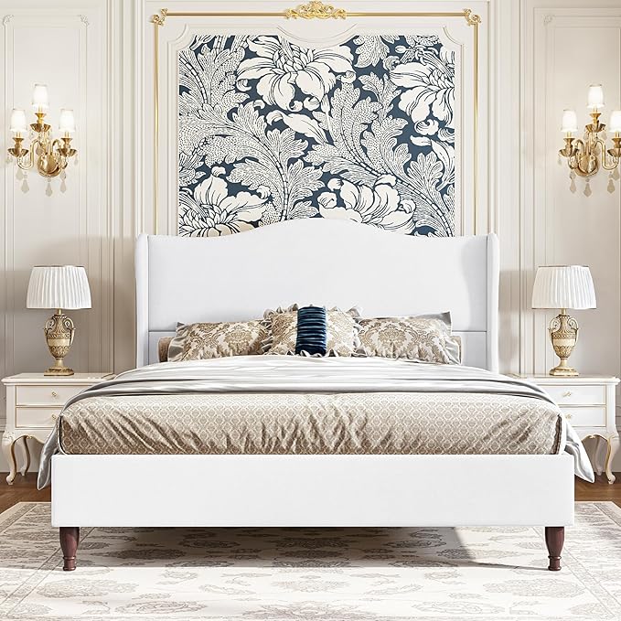 koorlian Full Size Bed Frame with 51" Tall Headboard, Fully Upholstered Platform Bed Frame with with Soft Fabric, Sleigh Wingback, Solid Wood Retro Legs, Modern Minimalist Style, Easy Assembly, White