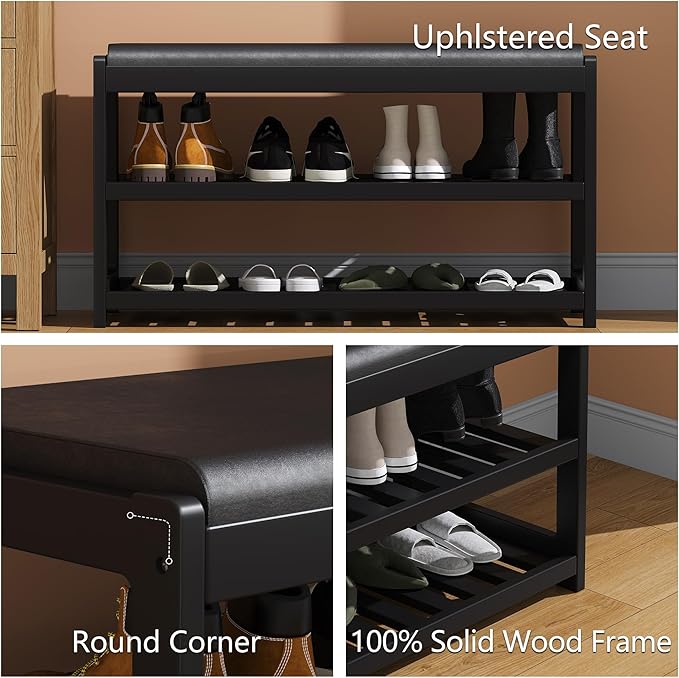 Shoe Bench Entryway, 100% Solid Solid Wood Shoe Rack Bench with Storage and Cushion Padded Seat, 3-Tier Shoe Organizer for Hallway Living Room, Mudrooms, Black