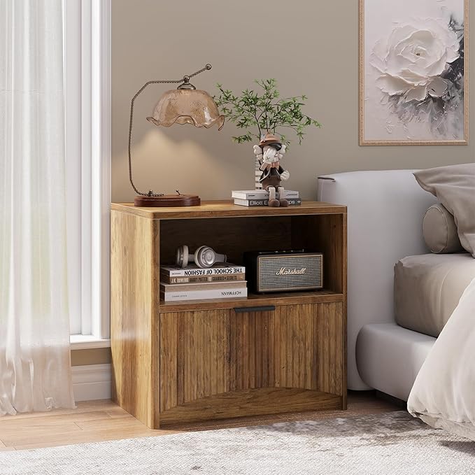 Fluted Nightstand Set of 2, MCM Mid Century Modern Bedside Tables with Drawer and Open Shelf, Minimalist Wood Bedside Table Fluted End Tables for Bedroom, Walnut