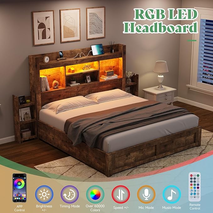 AMERLIFE Queen Bed Frame with 4 Storage Drawers, Wood Bed Frame with 49.6" Tall Bookcase Headboard, LED Platform Bed with Charging Station & 2 Slide Bedside Shelf, No Box Spring Needed/Rustic Brown