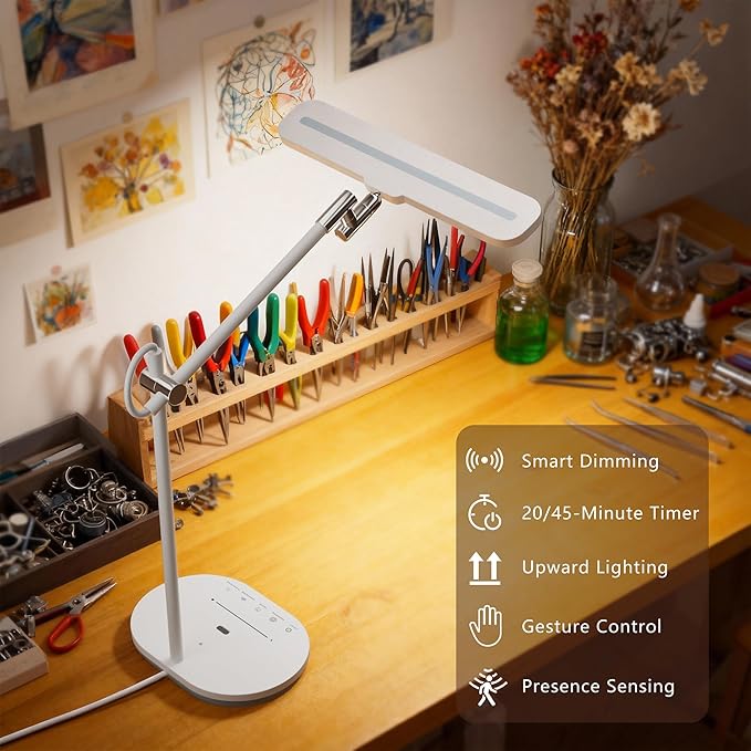 LED Desk Lamp with CRI 98, Advanced Eye-Caring Bright Desk Light for Crafting, Home Office & Kids Studying, Multi-Angle Adjustable, Dimmable Full Spectrum with Touch & Gesture Control