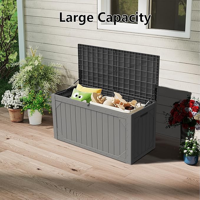 100 Gallon Outdoor Storage Box Waterproof, Lockable Resin Deck Box Patio Storage Bin for Pool Accessories Cushion Furniture, Garden Tools, UV-Resistant Outside Delivery, Grey