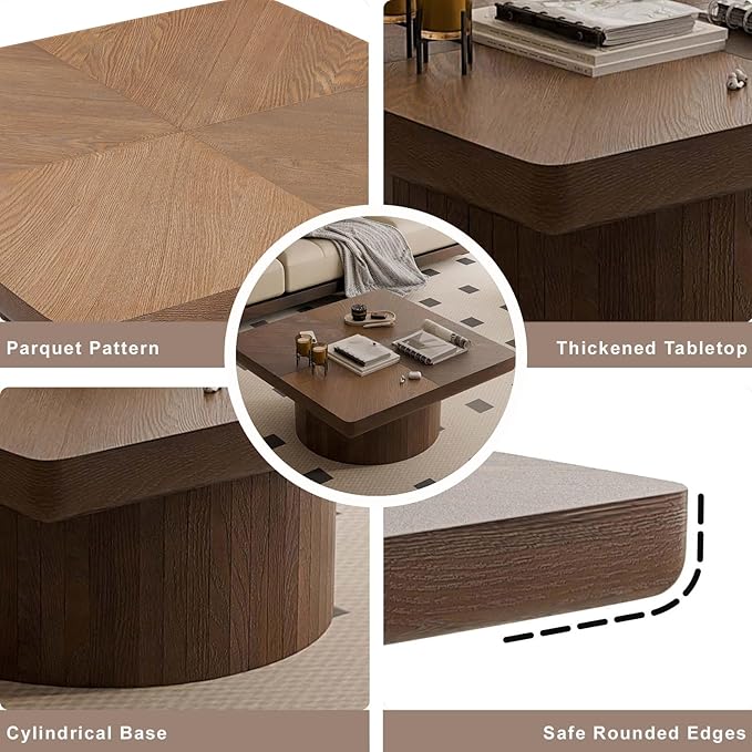 Modern Square Coffee Table with Cylindrical Base, Wood Coffee Table with Parquet Pattern & Thickened Tabletop, Center Table Tea Table for Living Room Apartment, 34.6''L×34.6''W×14.9''H, Walnut