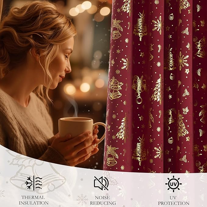 NICETOWN 2 Christmas Red Curtains 52 x 90 Inch, Gold Stamping Grommet Drapes, Holiday Style Window Treatment Panels for Living Room Bedroom Decoration, Festive Christmas Decor