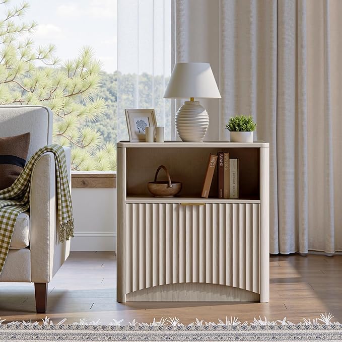 Evermagin Fluted Nightstand, Bedside Table with Drawer and Storage, Wood End Table Mid Century Modern, Large Night Stand for Bedroom, White Alder
