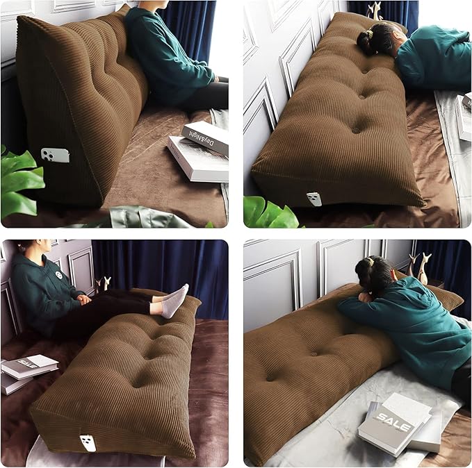 WOWMAX 100% Cotton Corduroy Headboard Pillow – Full Size Back Support Reading Wedge for Bed & Daybed, Plush Handmade Bolster Cushion with Removable Cover, Cozy Bed Rest Pillow, Coffee