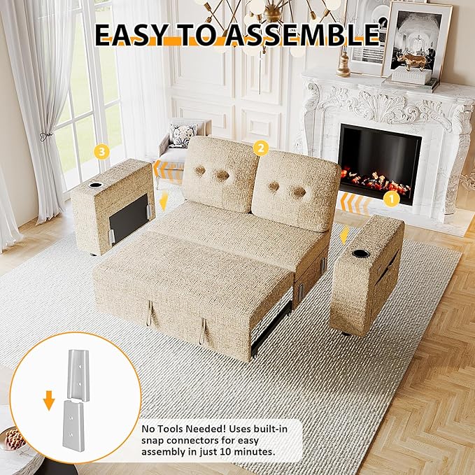 63 Inch Sleeper Sofa Bed, 4 in 1 Pull Out Couch Bed with Adjustable Backrest, Small Loveseat with Wide Armrest | USB Charging | Side Pockets | Cup Holders | Tool Free Assembly, Khaki Chenille