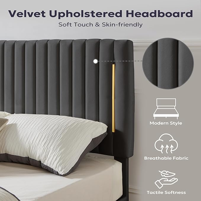 King Platform Bed Frame, Velvet Upholstered Bedframe with Vertical Channel Adjustable Headboard, Golden Plating Trim, Mattress Foundation with Wooden Slats, No Box Spring Needed, Grey